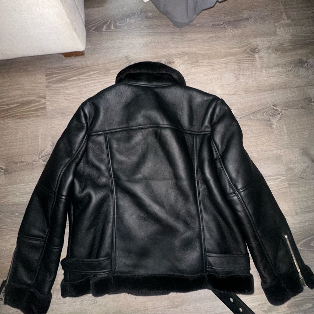 Topshop Black Leather Jacket with Belted Detail - Picture 6 of 7